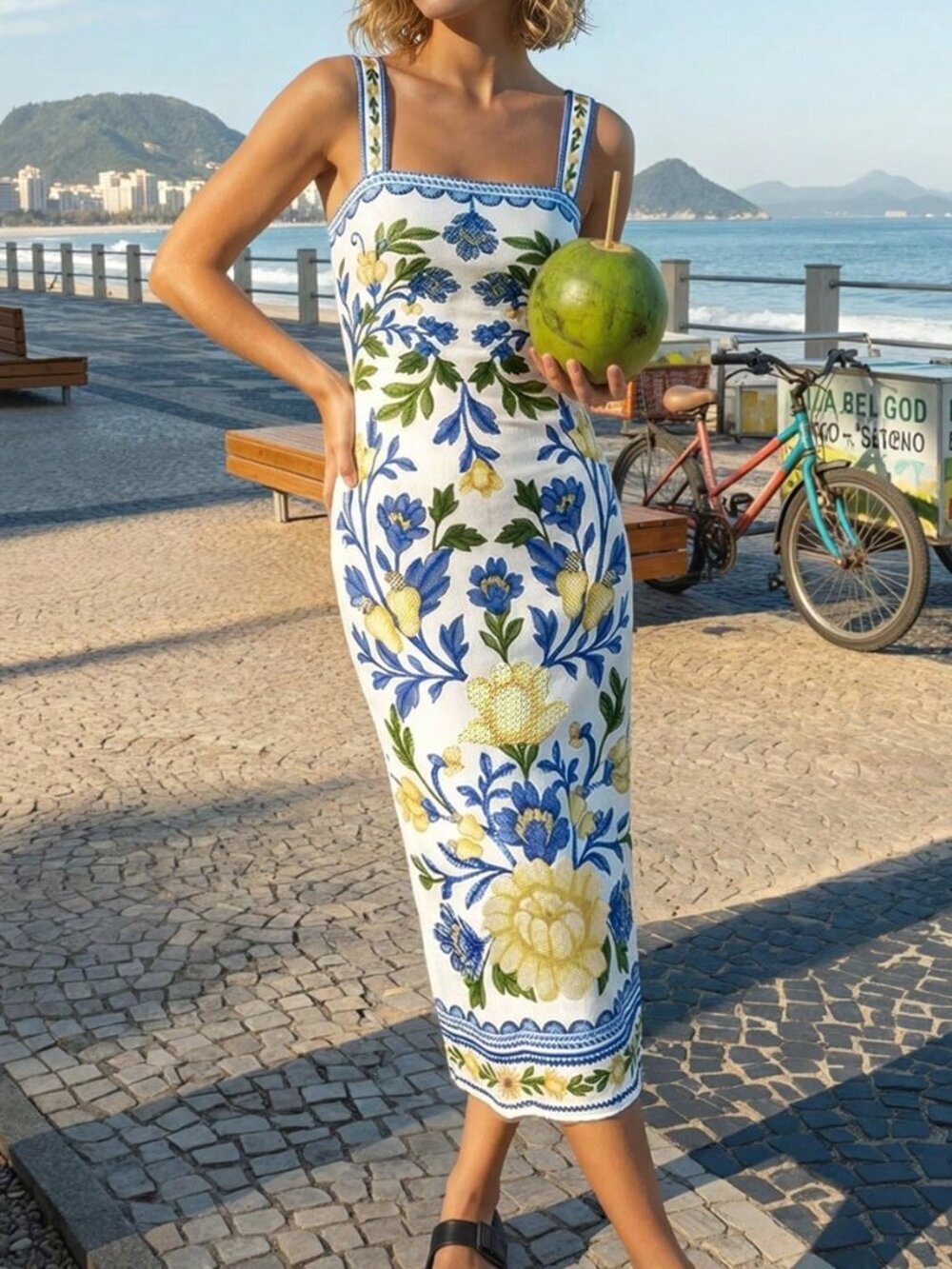 Blue Boho Women's Floral Print Elegant Fitted Spaghetti Strap Vacation Dress - Picture 4 of 5